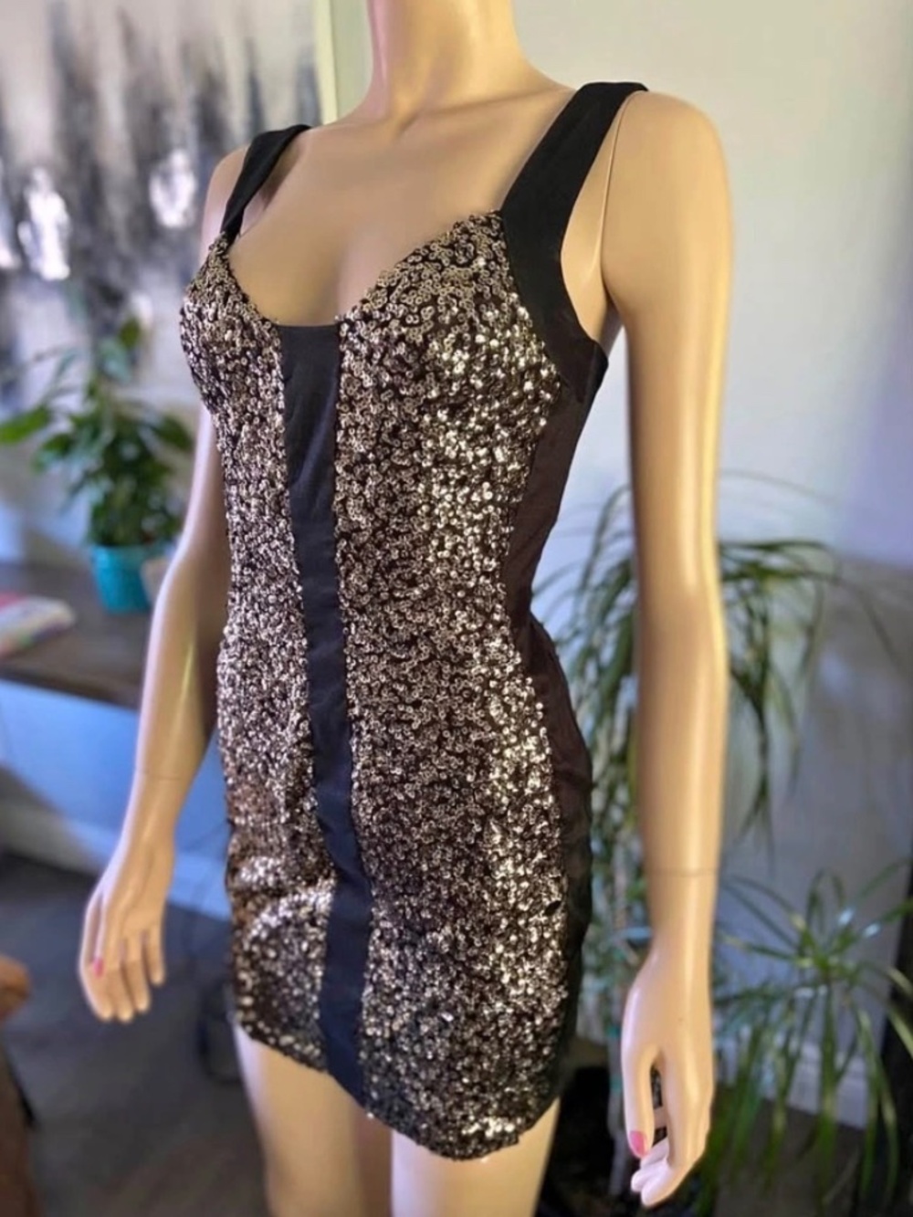 NWT: Jessica McClintock Sleeveless Black Evening Cocktail Dress Gold Sequins 4